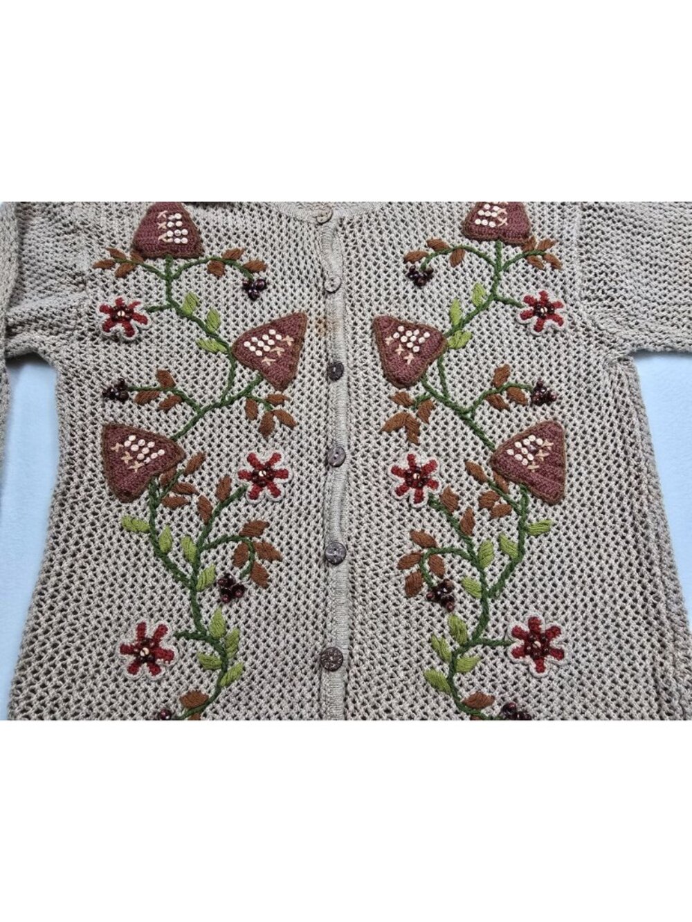 Vtg Cottage Core Jantzen Beige Knit Cardigan Embroidered Mushrooms Floral Small - Picture 3 of 6